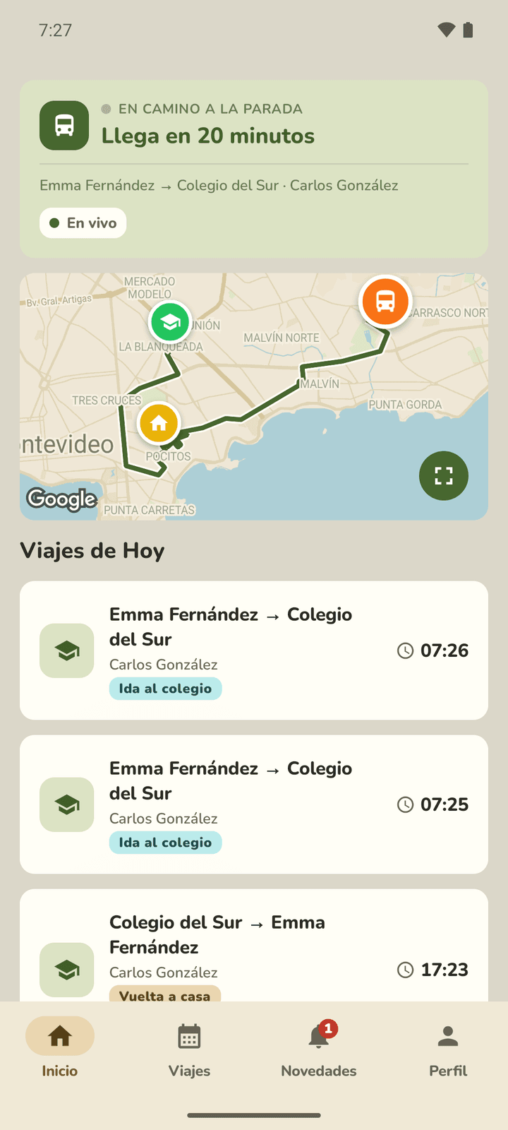 The family app with a trip in progress: the van on the map and the arrival time at the stop.