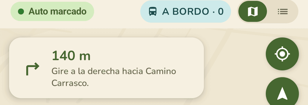 The navigation card: "140 m, turn right onto Camino Carrasco".