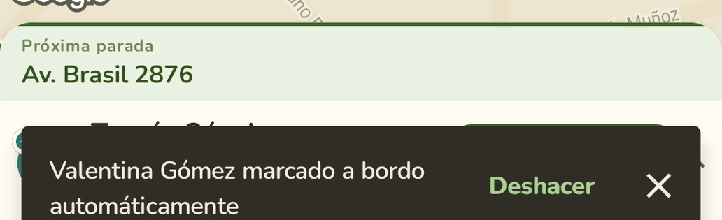 The notice "Valentina Gómez automatically marked aboard" with the Undo button.