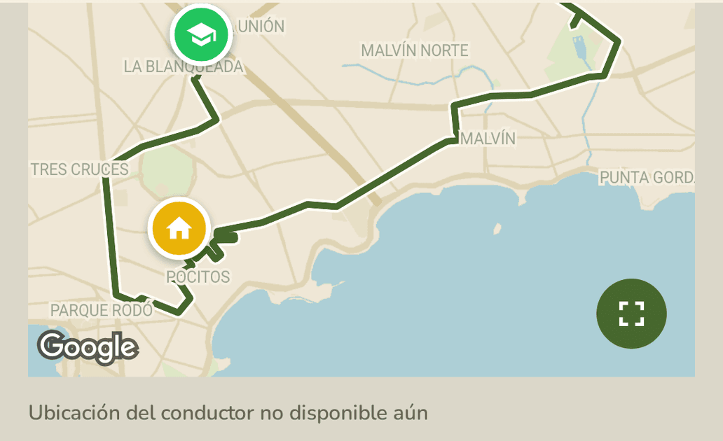 The trip detail in the family app before the window: the route and the location-not-available note.