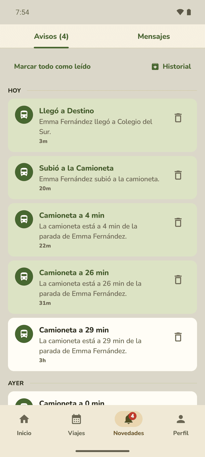 Today's alerts: the van 4 minutes away, your child boarded, arrived at destination.