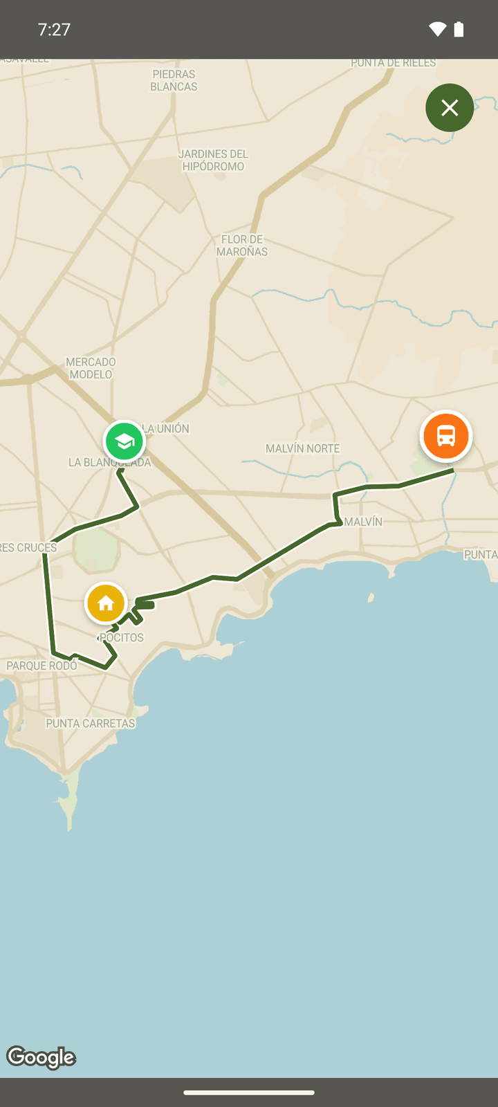 The live trip map in the family app, with the van on its way to the stop.