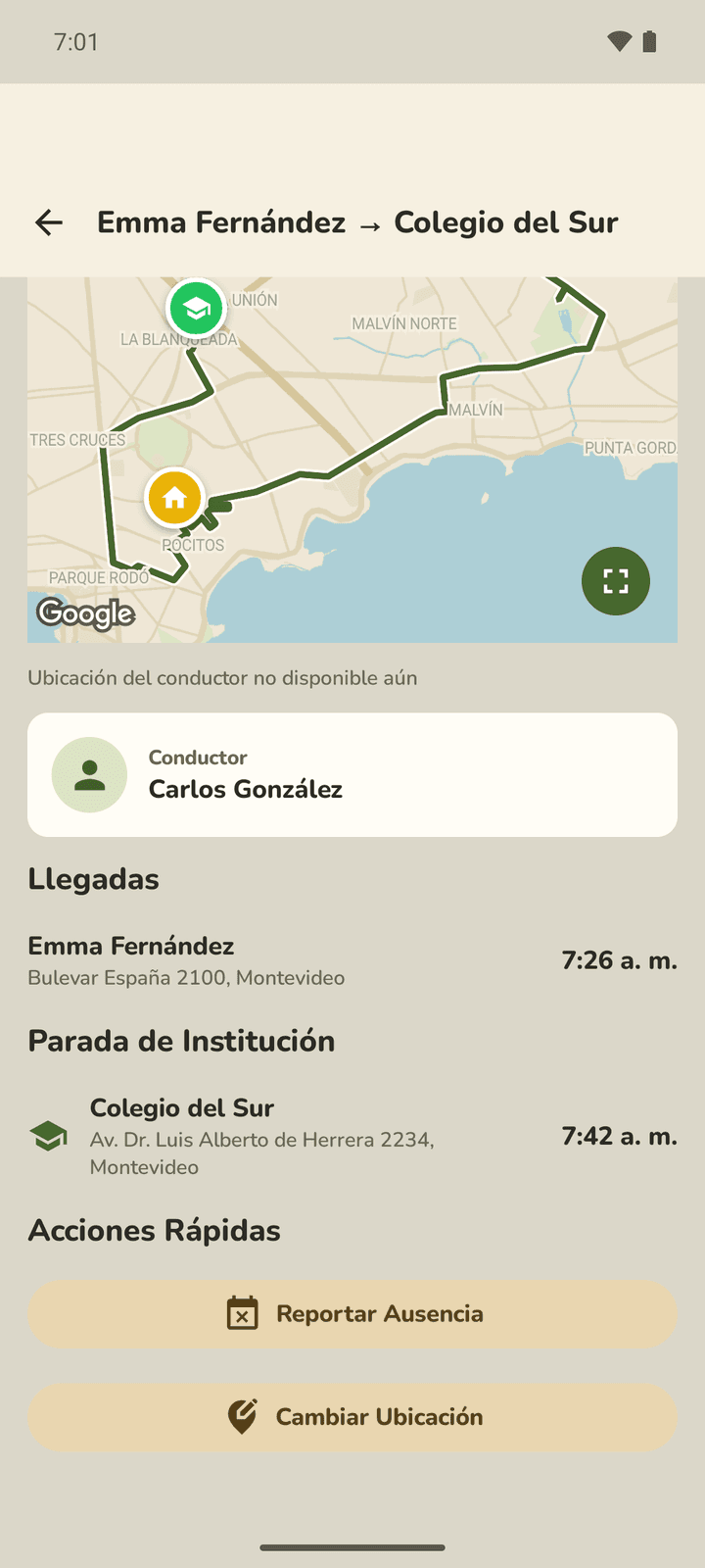 The trip detail before the van enters the window: the route drawn and the note that the location is not available yet.