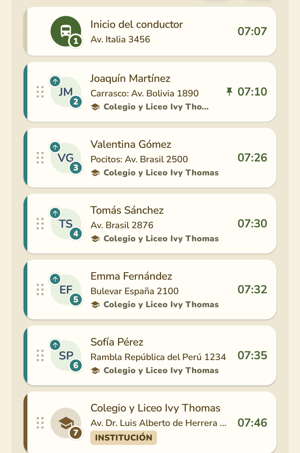 Stop list with Joaquín Martínez fixed at 07:10 and the rest recalculated