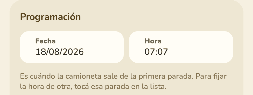 Scheduling card showing the departure time 07:07