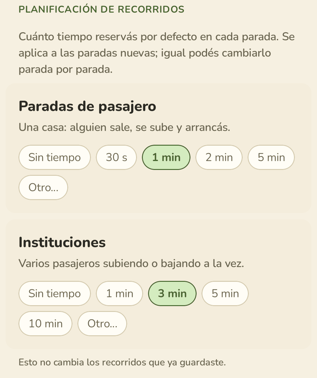 Time at stop screen with 1 min for passenger stops and 3 min for institutions