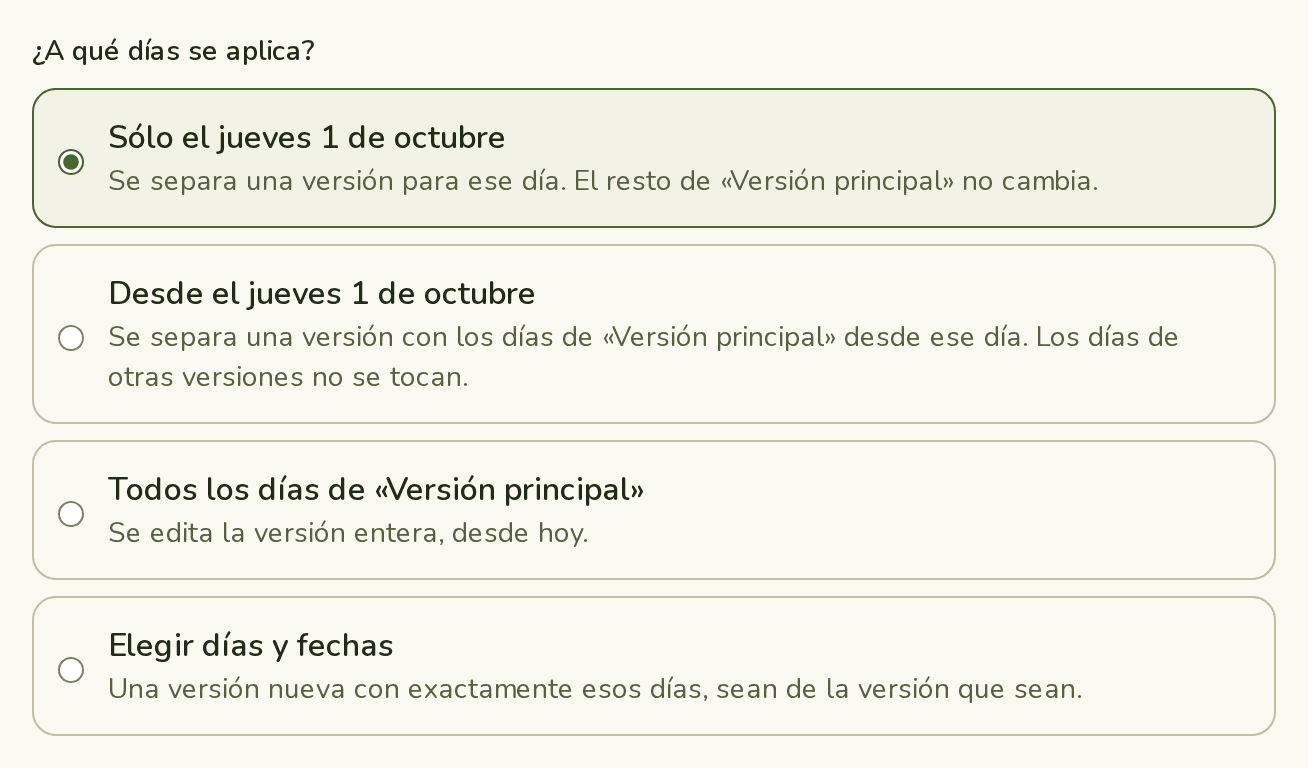 Diálogo Guardar los cambios con las opciones Sólo el jueves 1 de octubre, Desde el jueves 1 de octubre, Todos los días de «Versión principal» y Elegir días y fechas