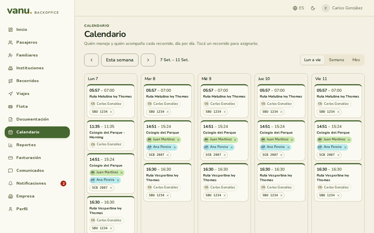The Monday-to-Friday calendar with driver, attendant and van per route.